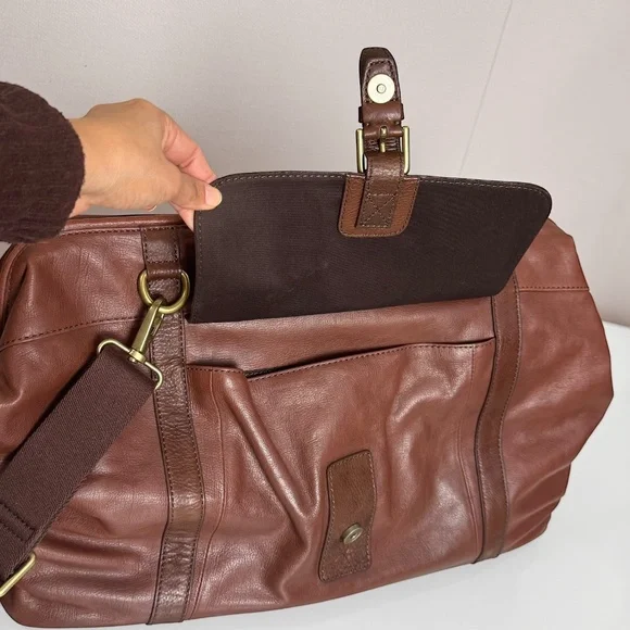 Fossil Mens Estate Brown/cognac Leather Weekender Travel Framed Duffle Bag - Picture 6 of 10